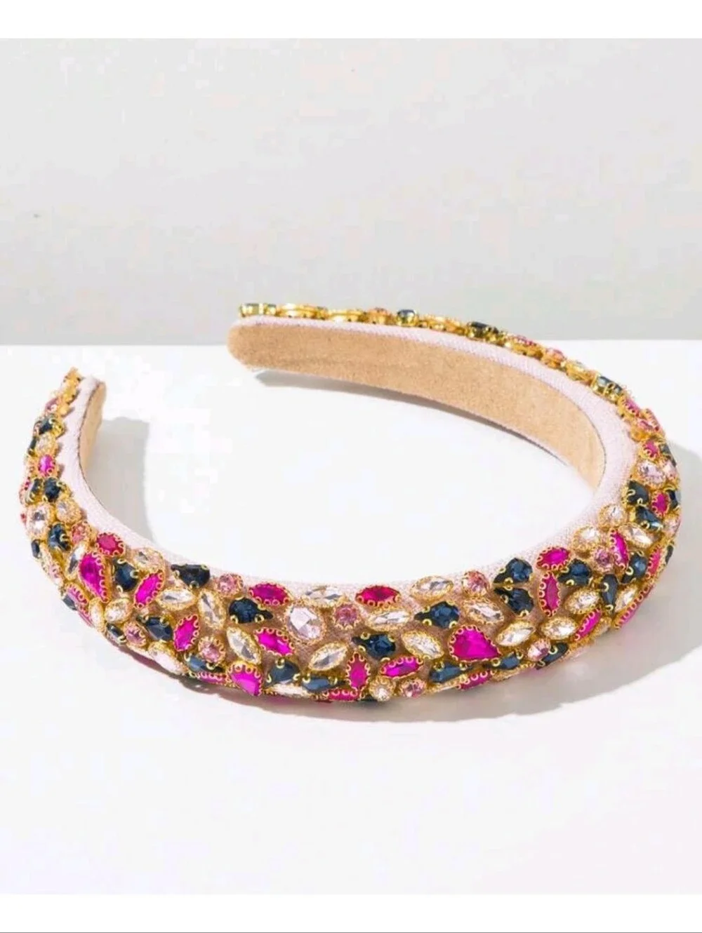 Baroque Style Embellished Pink Navy Champagne Gemstone Headband